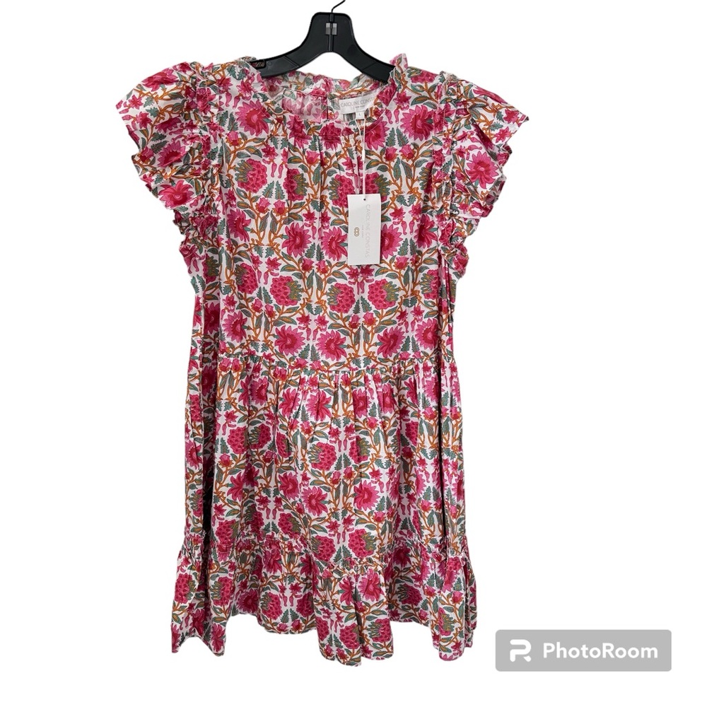 Caroline Constas Strawberry Print Floral Dress Size L Summer Ruffle